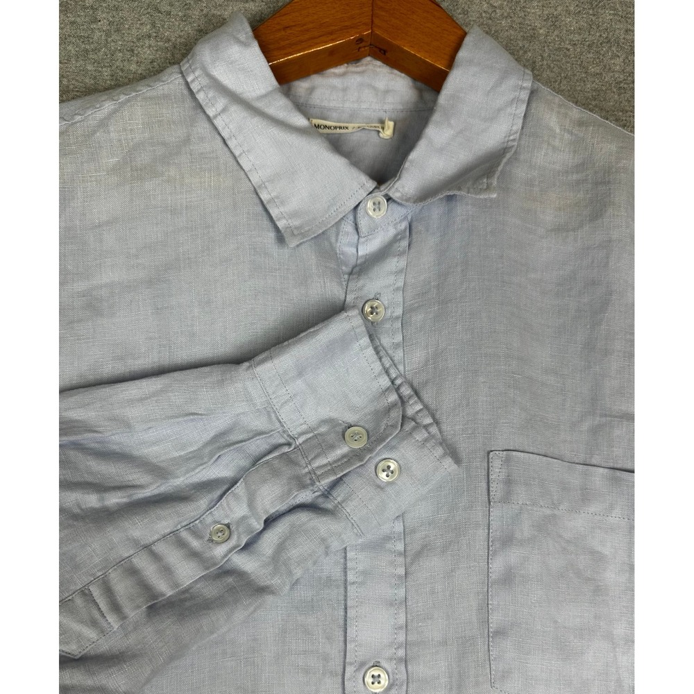 Monoprix Premium Linen Button Down Shirt Mens L Blue Long Sleeve